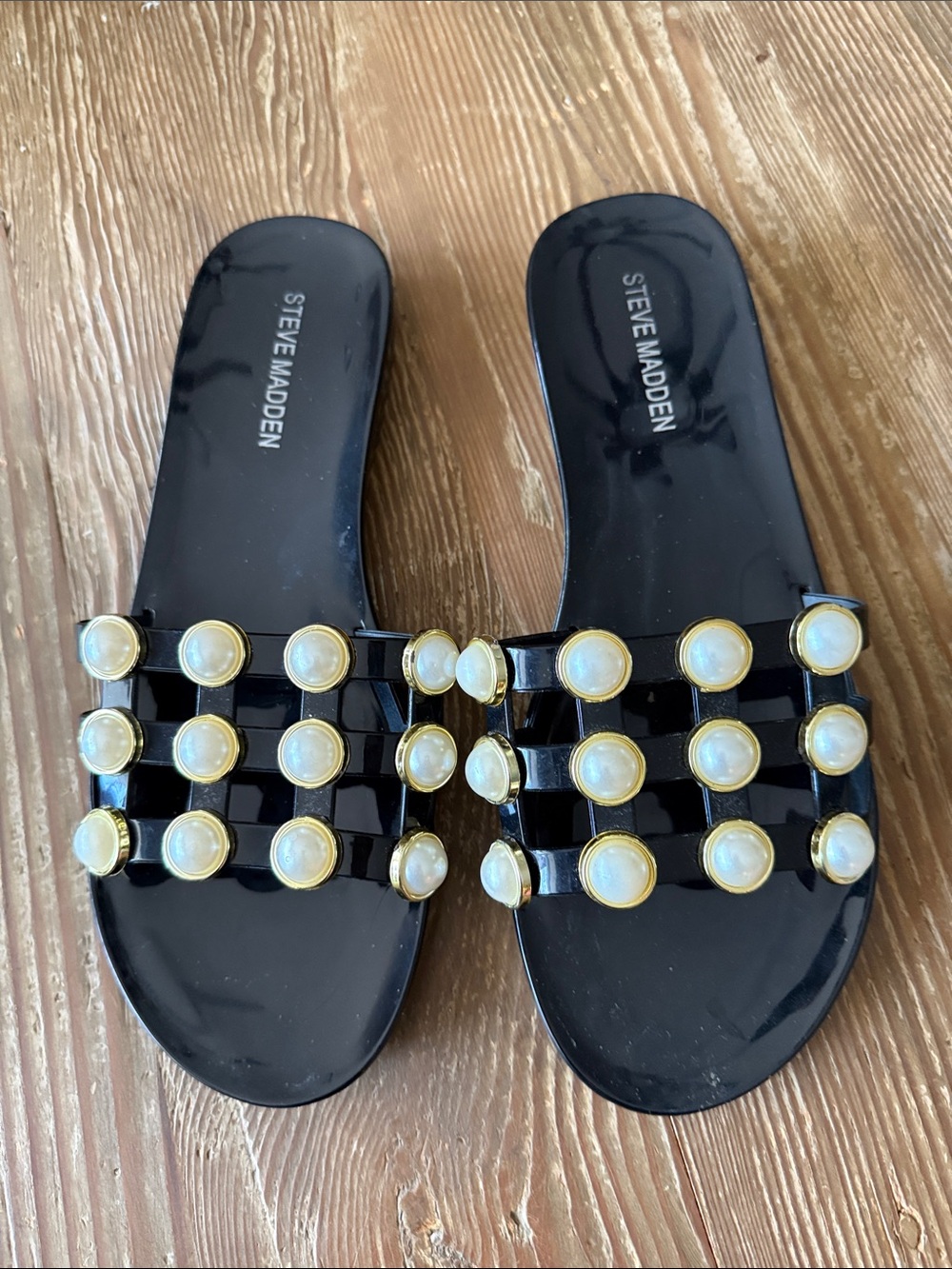Steve Madden Black Plastic Slide Sandals with Pearl Accents